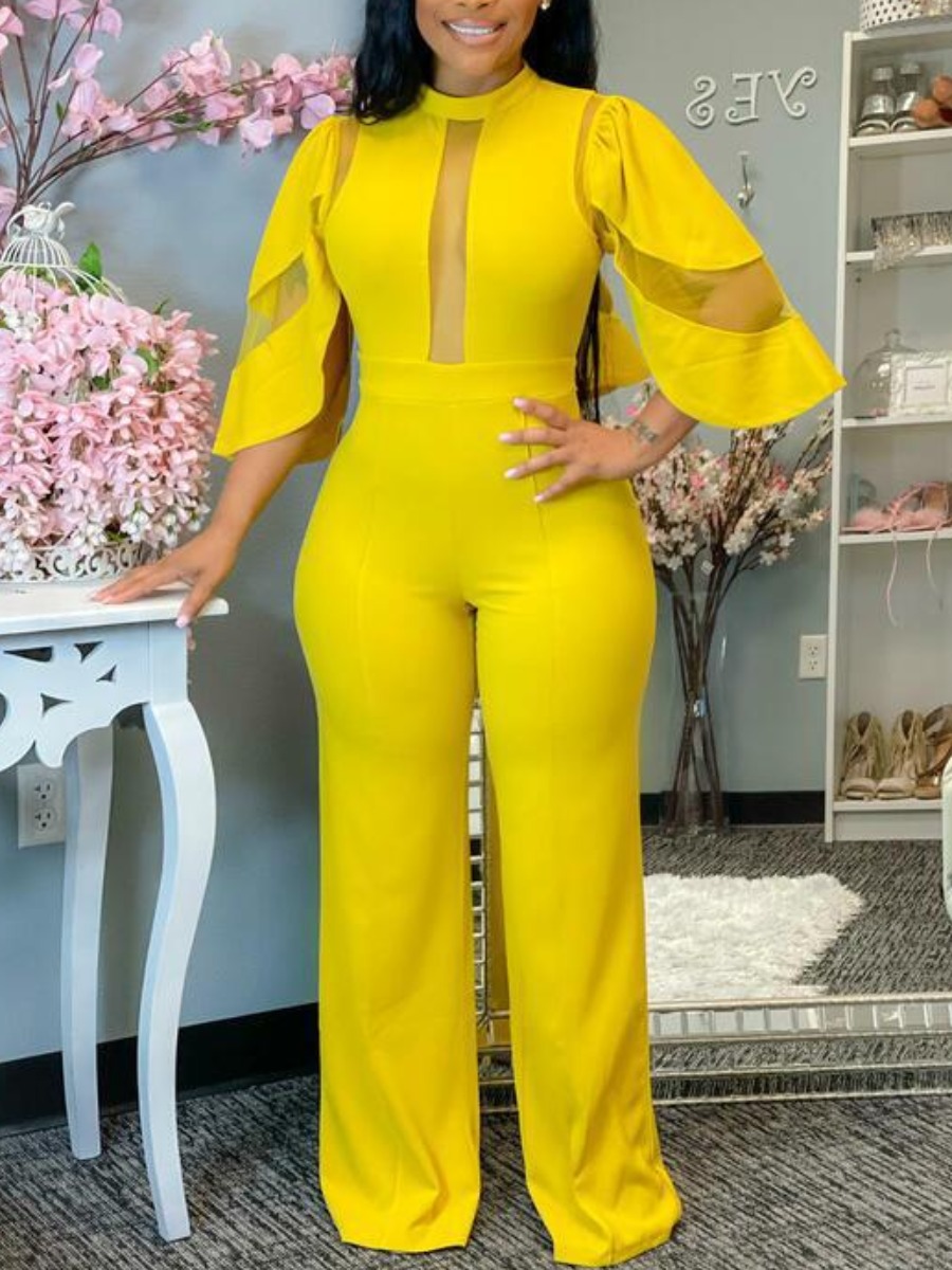 

LW Ruffle Design See-through One-piece Jumpsuit, Yellow