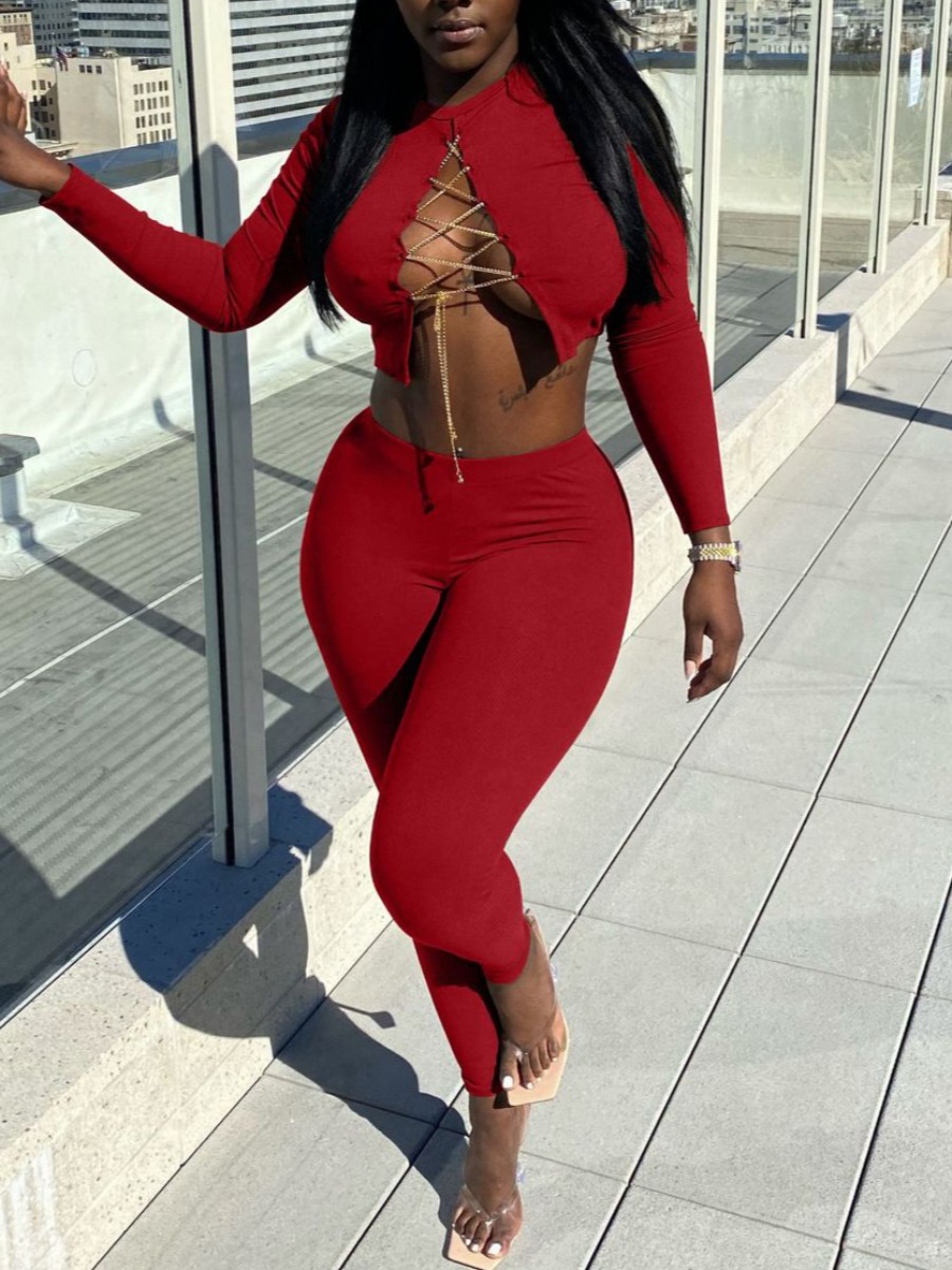 

LW SXY Chain Decoration Crop Top Two Piece Pants Set, Red