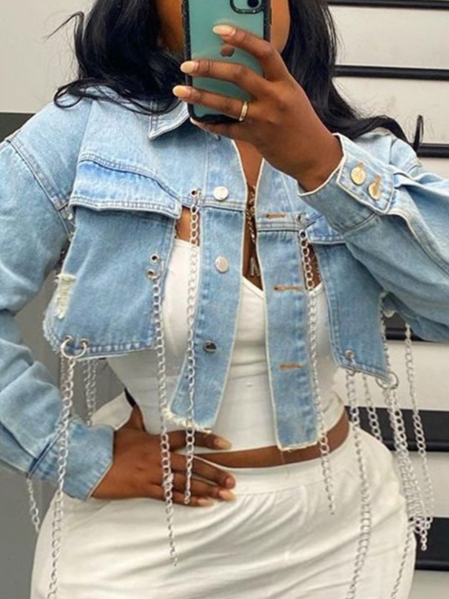 

LW Split Chain Decoration Asymmetrical Denim Jacket, Baby blue