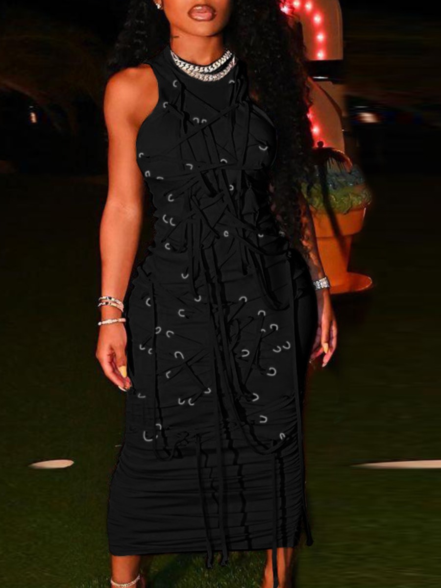 LW Round Neck Drawstring Bodycon Dress