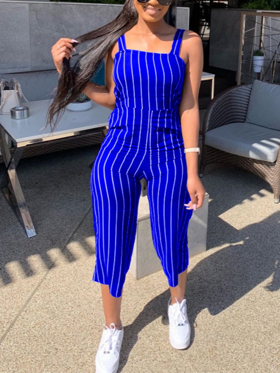 

Lovely Square Neck Striped One-piece Jumpsuit, Blue