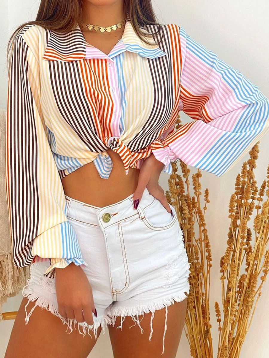 

LW Turndown Collar Striped Blouse, Multi