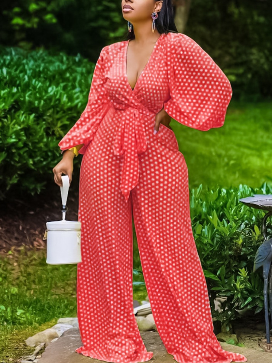 

LW Plus Size Polka Dot Bandage Design Wide Leg One-piece Jumpsuit, Red