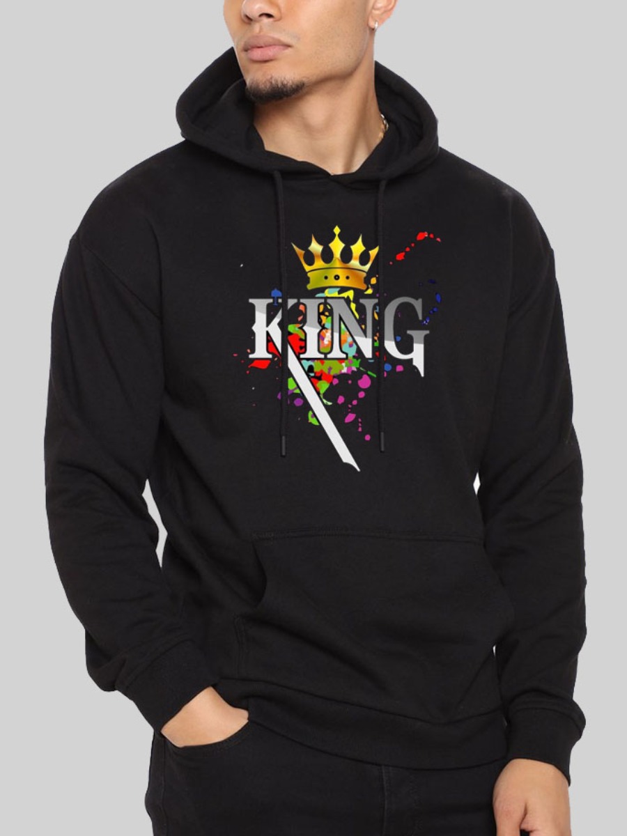 

LW Men Crown Letter Print Oversized Hoodie, Black