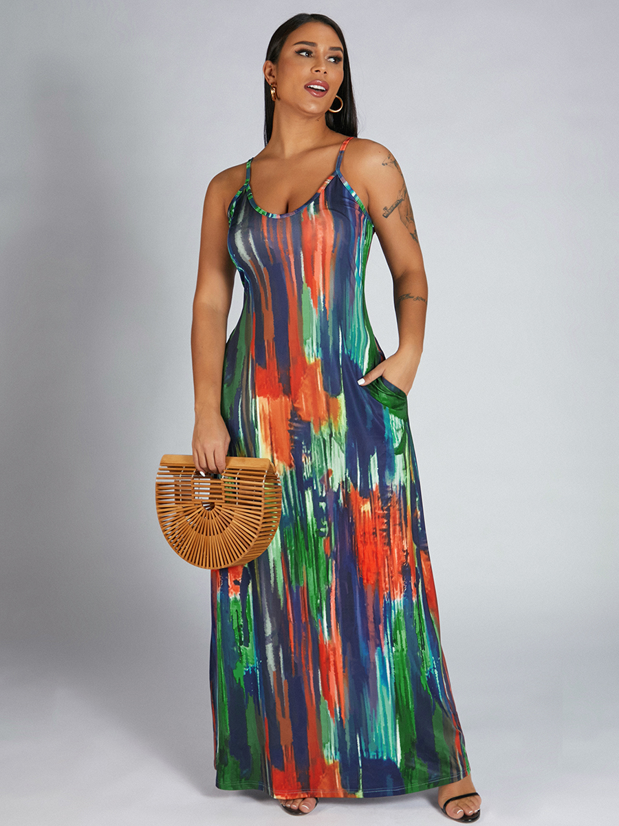 

LW Casual V Neck Mix Print Multicolor Floor Length Dress, Multi