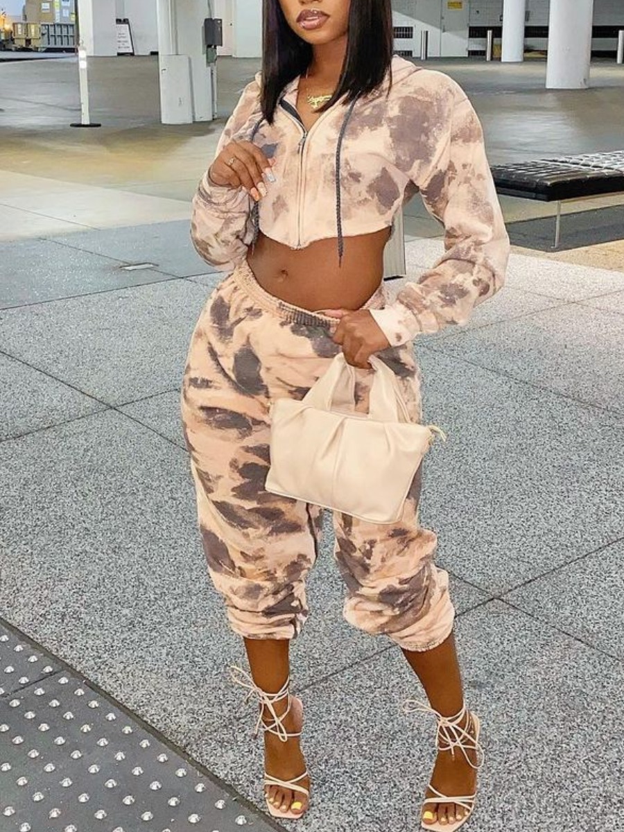 

LW Tie-dye Crop Top Tracksuit Set, Cream-colored