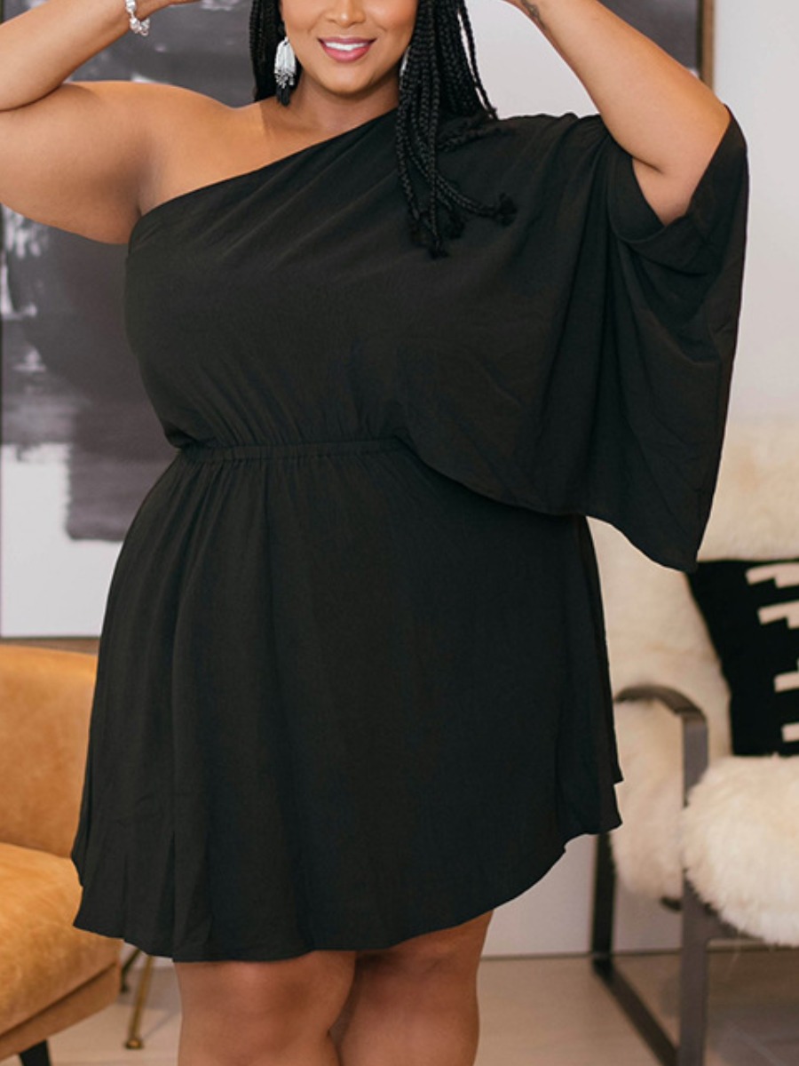 

Lovely Plus Size One Shoulder Batwing Sleeve Dress, Black