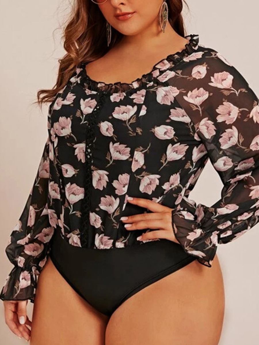 

LW SXY Plus Size Floral Print Frill Trim Bodysuit, Black