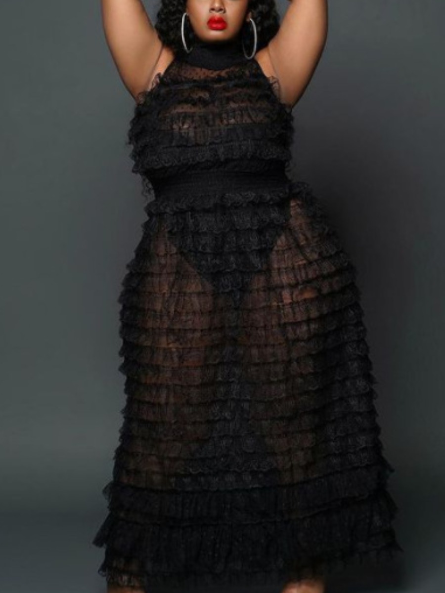 

LW Plus Size Layered Cascading See-through Dress, Black