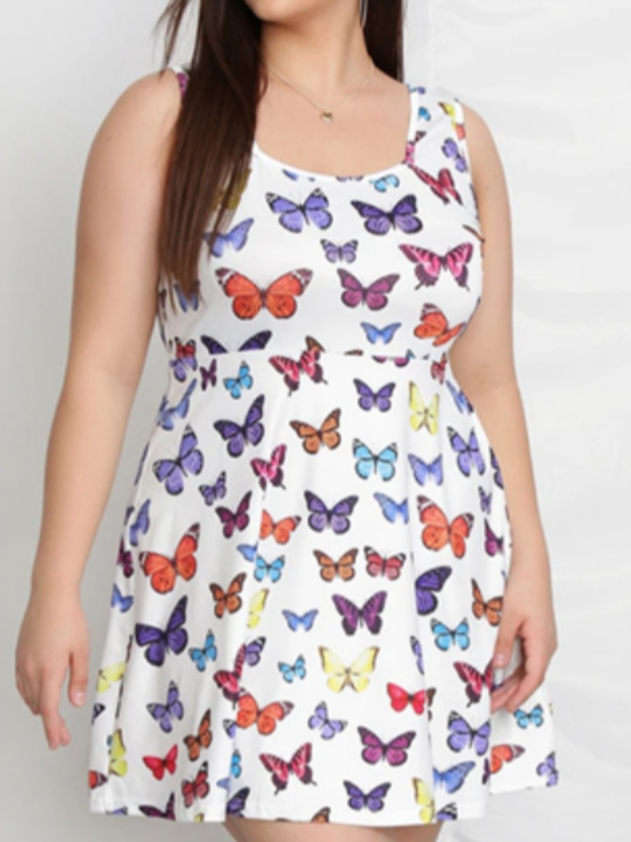 

LW Plus Size U Neck Butterfly Print Dress, White