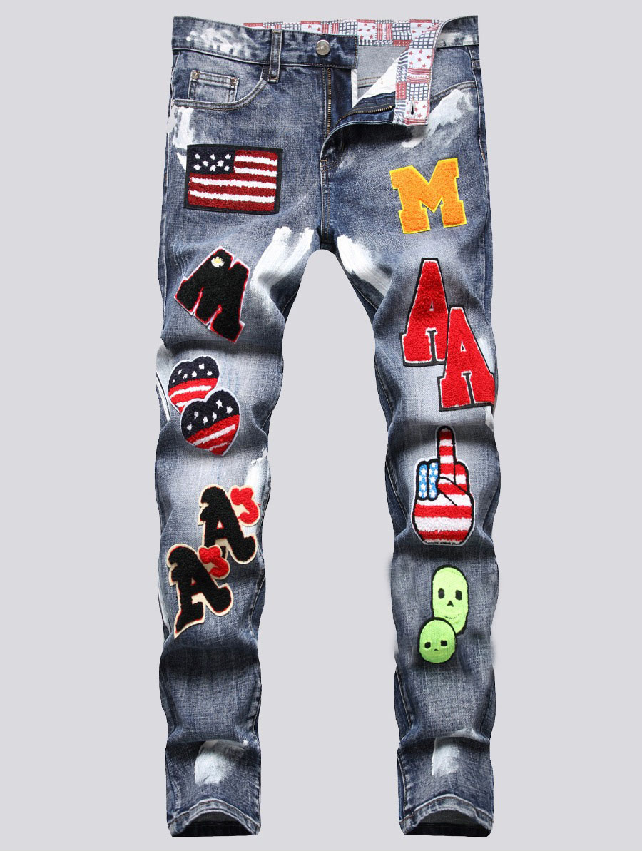

LW Men American Flag Letter Decoration Jeans (No Stretch), Blue