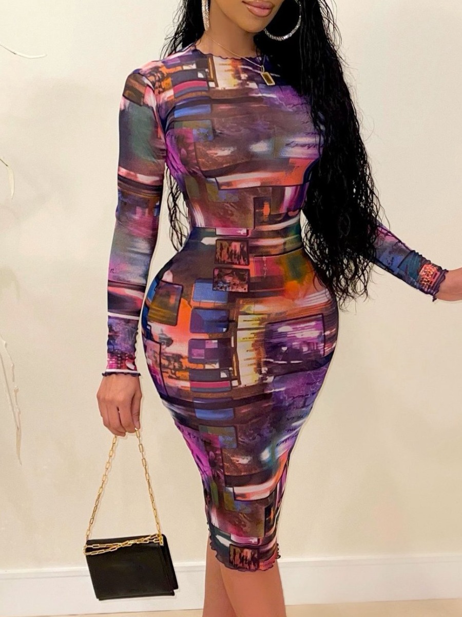 

LW Round Neck Mixed Print Bodycon Dress, Black
