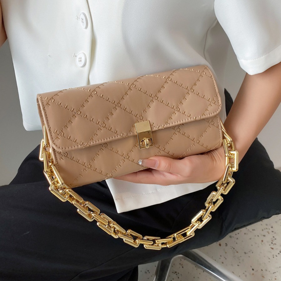 

LW Metallic Lock Chain Strap Shoulder Bag, Khaki