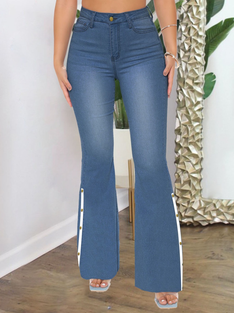

LW Button Design Flared Jeans, Blue