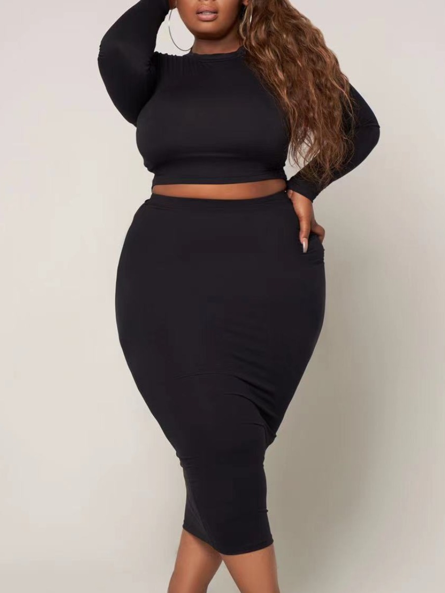 

LW BASIC Plus Size Round Neck Elastic Pants Set, Black