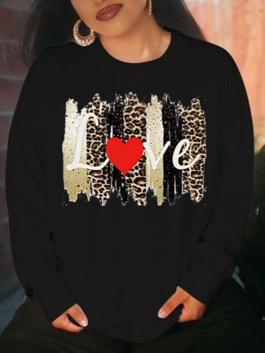 

LW Plus Size Leopard Letter Print Hoodie, Black