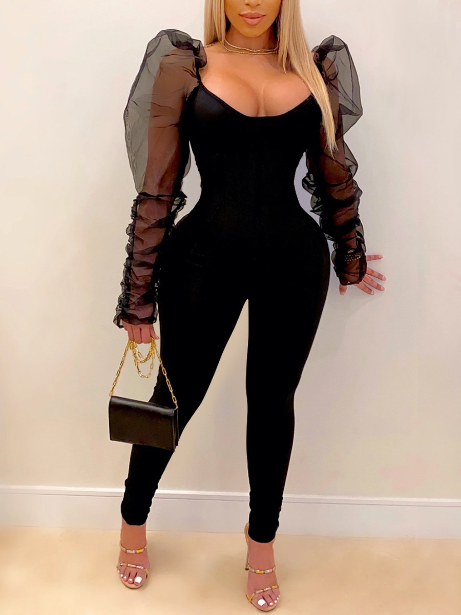 

LW SXY Ruffle Design See-through Jumpsuit, Black