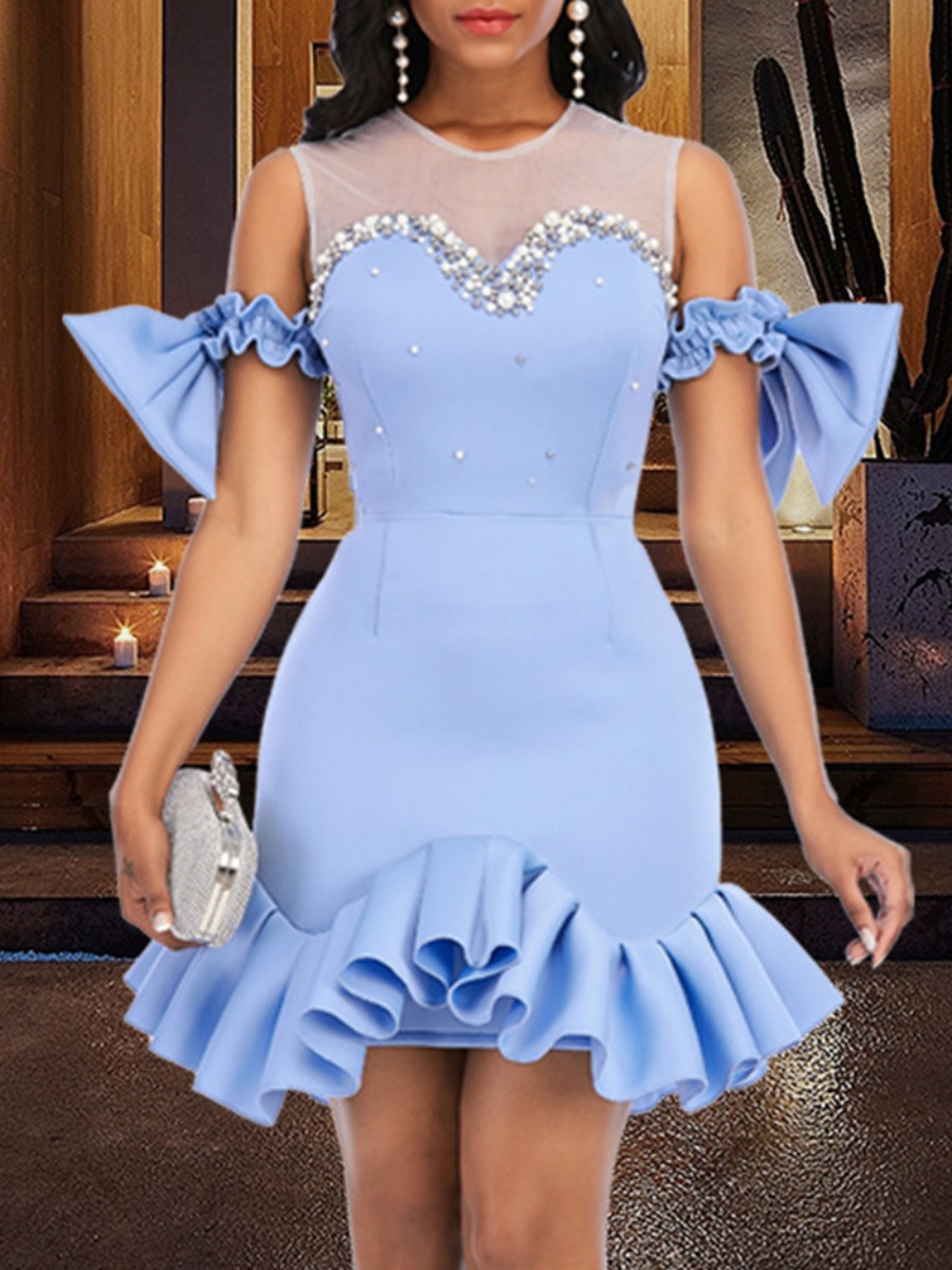 

Lovely Bead Decoration See-through Flounce Design Prom Dress, Skyblue