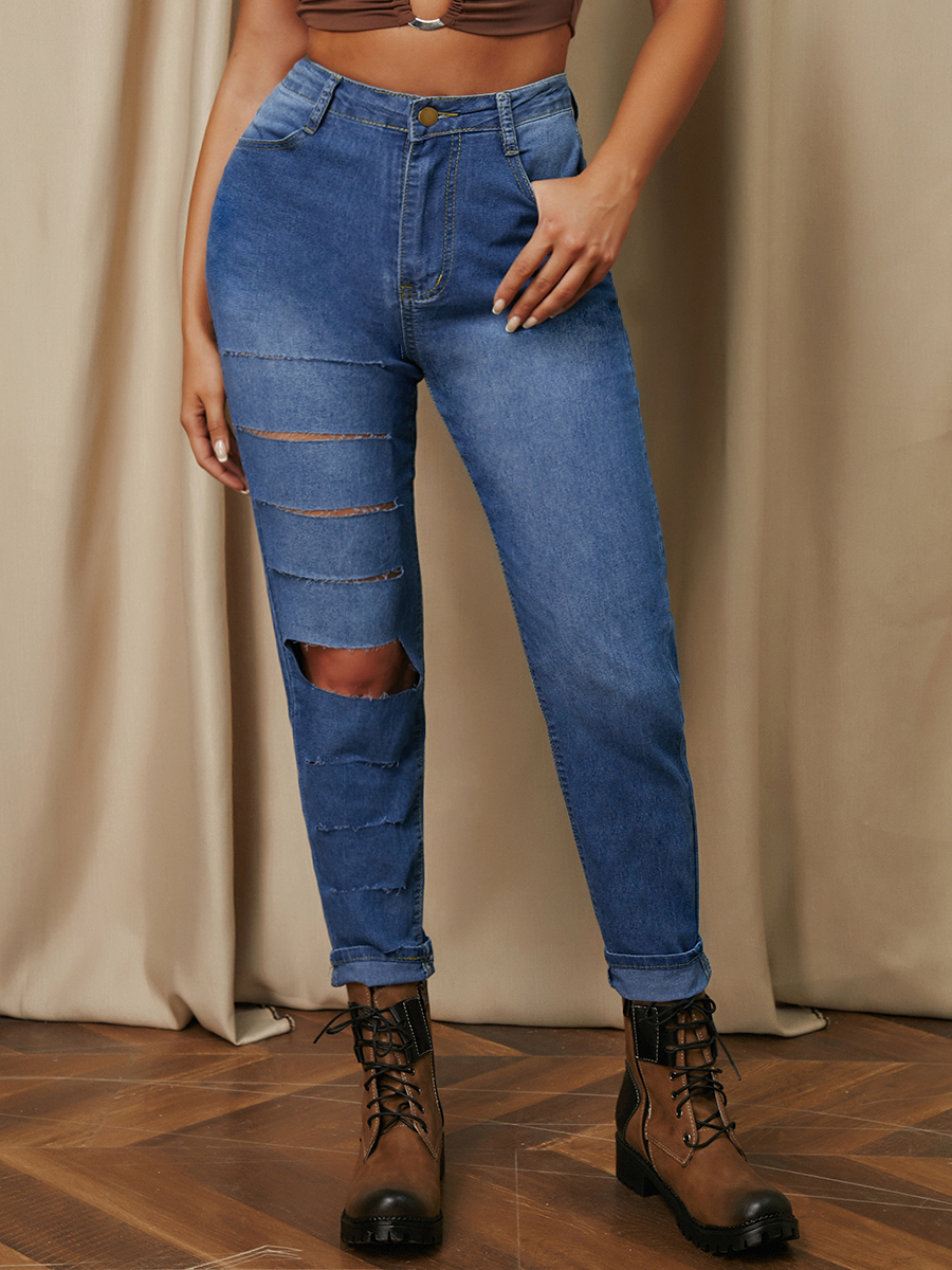

LW Mid Waist Stretch Ripped Jeans, Blue