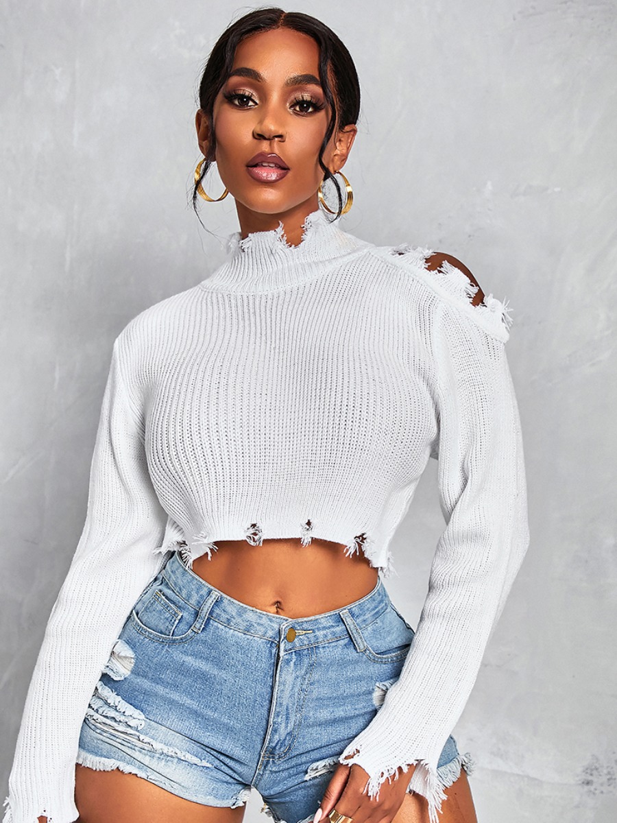 

LW Stylish Turtleneck Hollow-out White Sweater