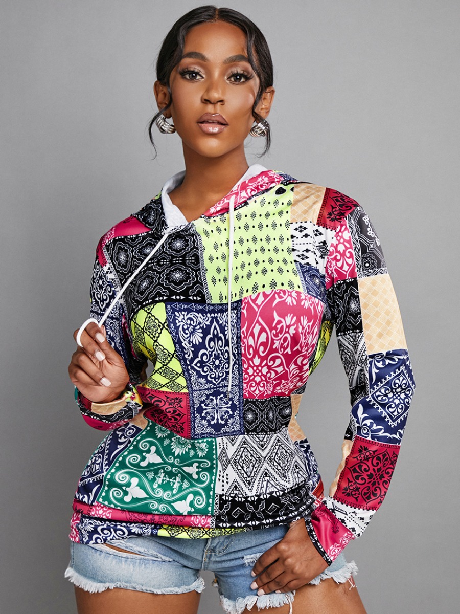 LovelyWholesale Hooded Collar Mixed Print Hoodie Fall Casual Basic Hooded Collar Spring Summer 2024
