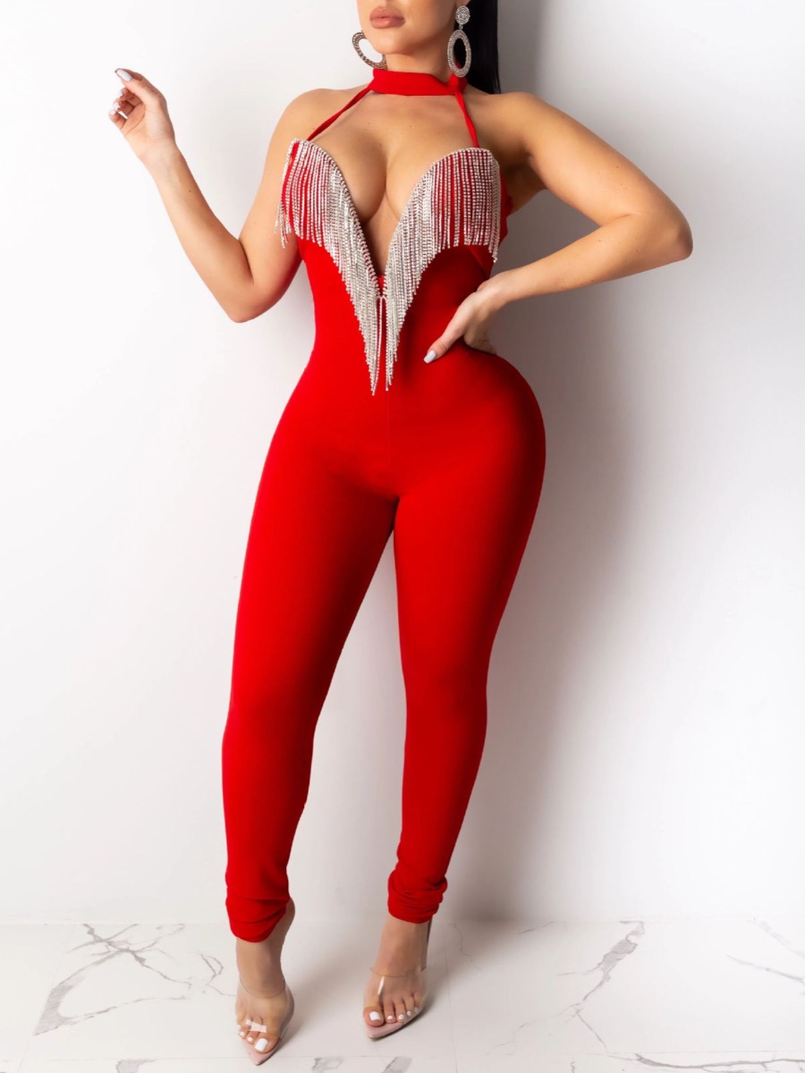 

Lovely Off The Shoulder Tassel Design Jumpsuit, Red