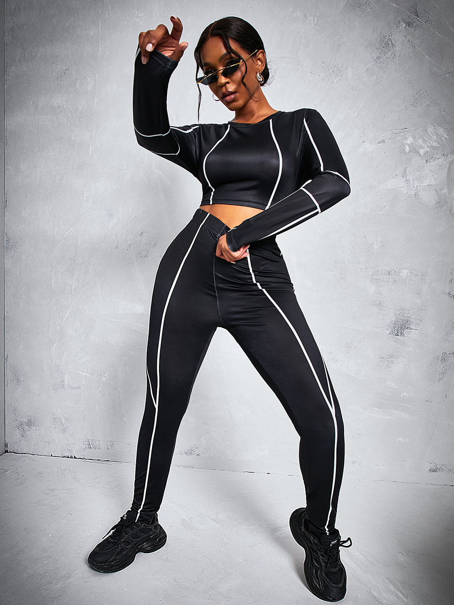

LW Round Neck Striped Pants Set, Black