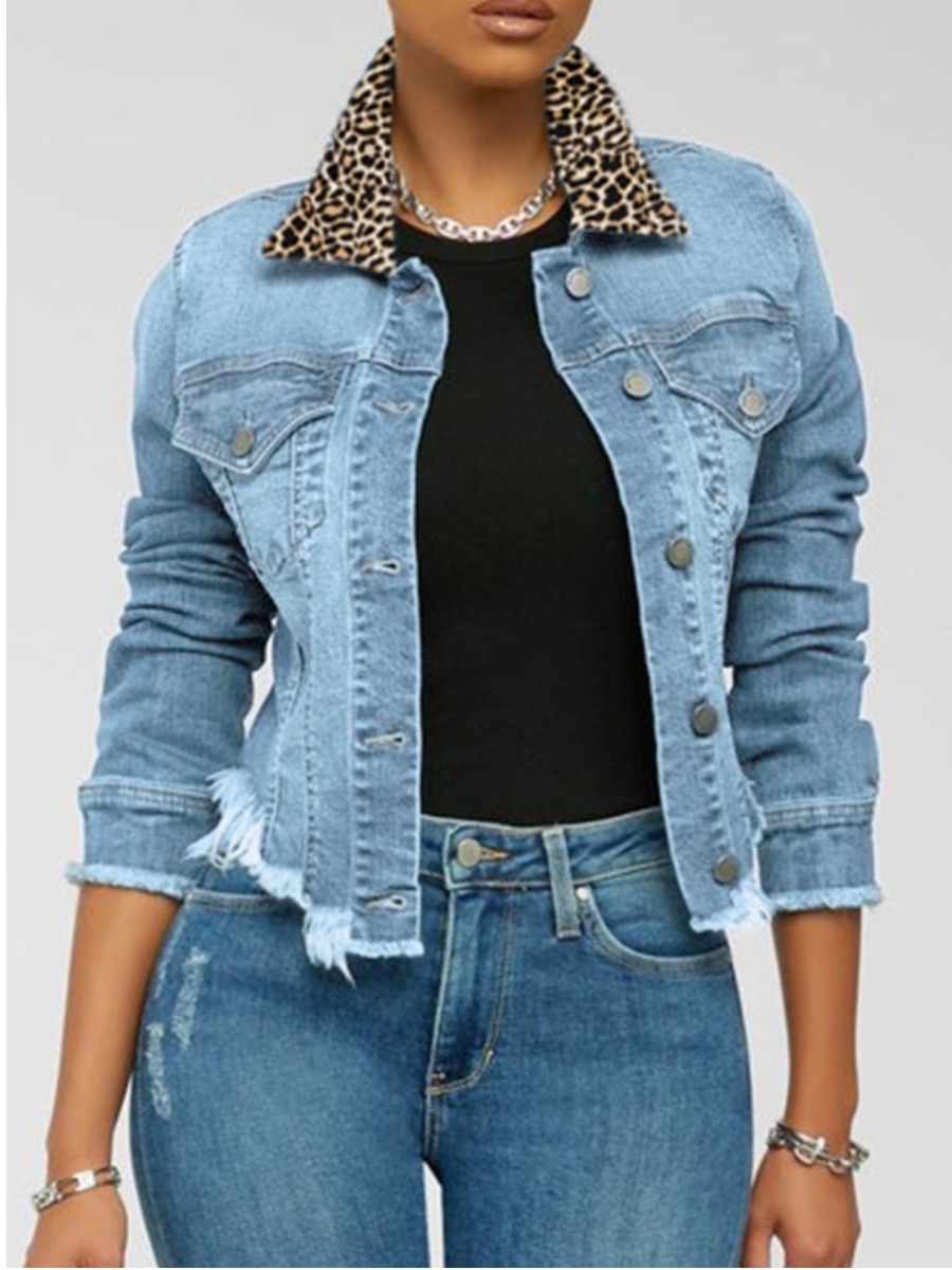 

LW Leopard Print Raw Edge Denim Jacket, Baby blue