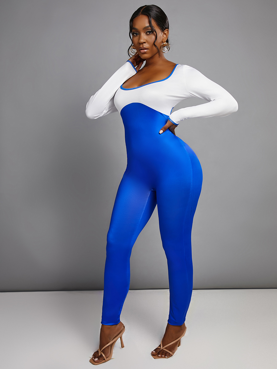 

LW Sportswear U Neck Patchwork Blue One-piece Jumpsuit