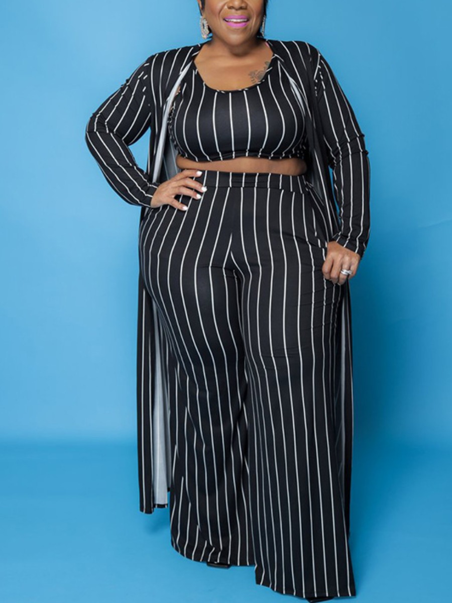 

LW Plus Size Striped Wide Leg Pants Set, Black