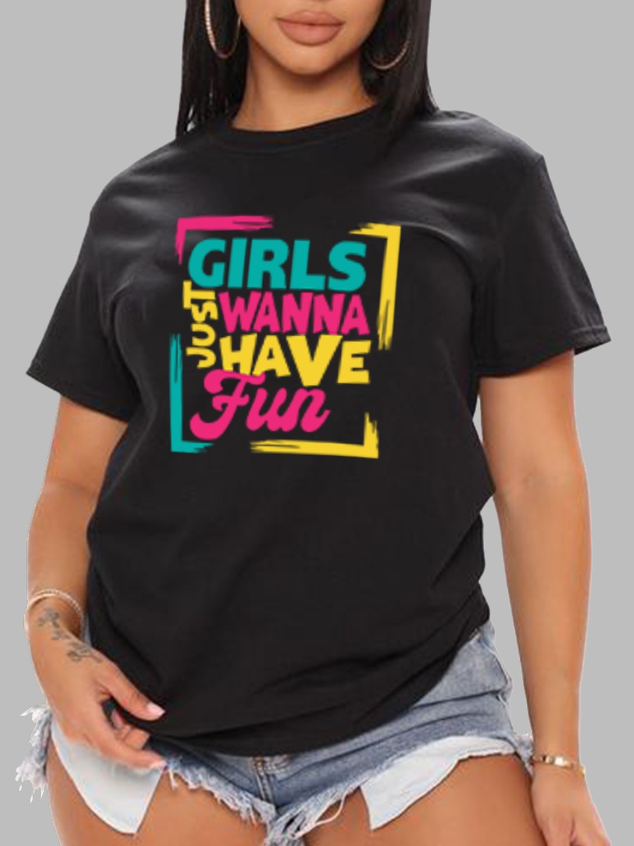 

LW BASICS Round Neck Letter Print T-shirt, Black
