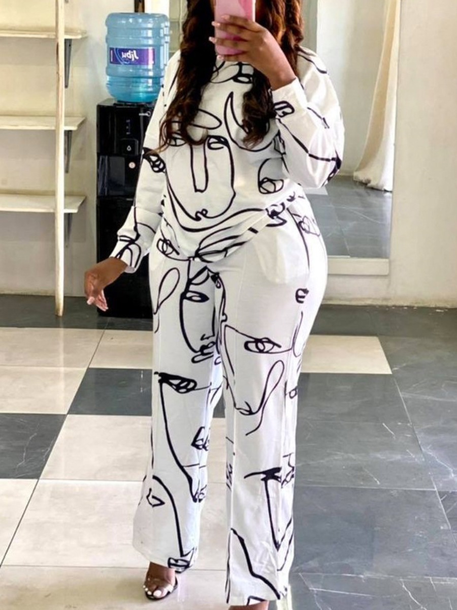

LW Round Neck Abstract Figure Print Pants Set, White