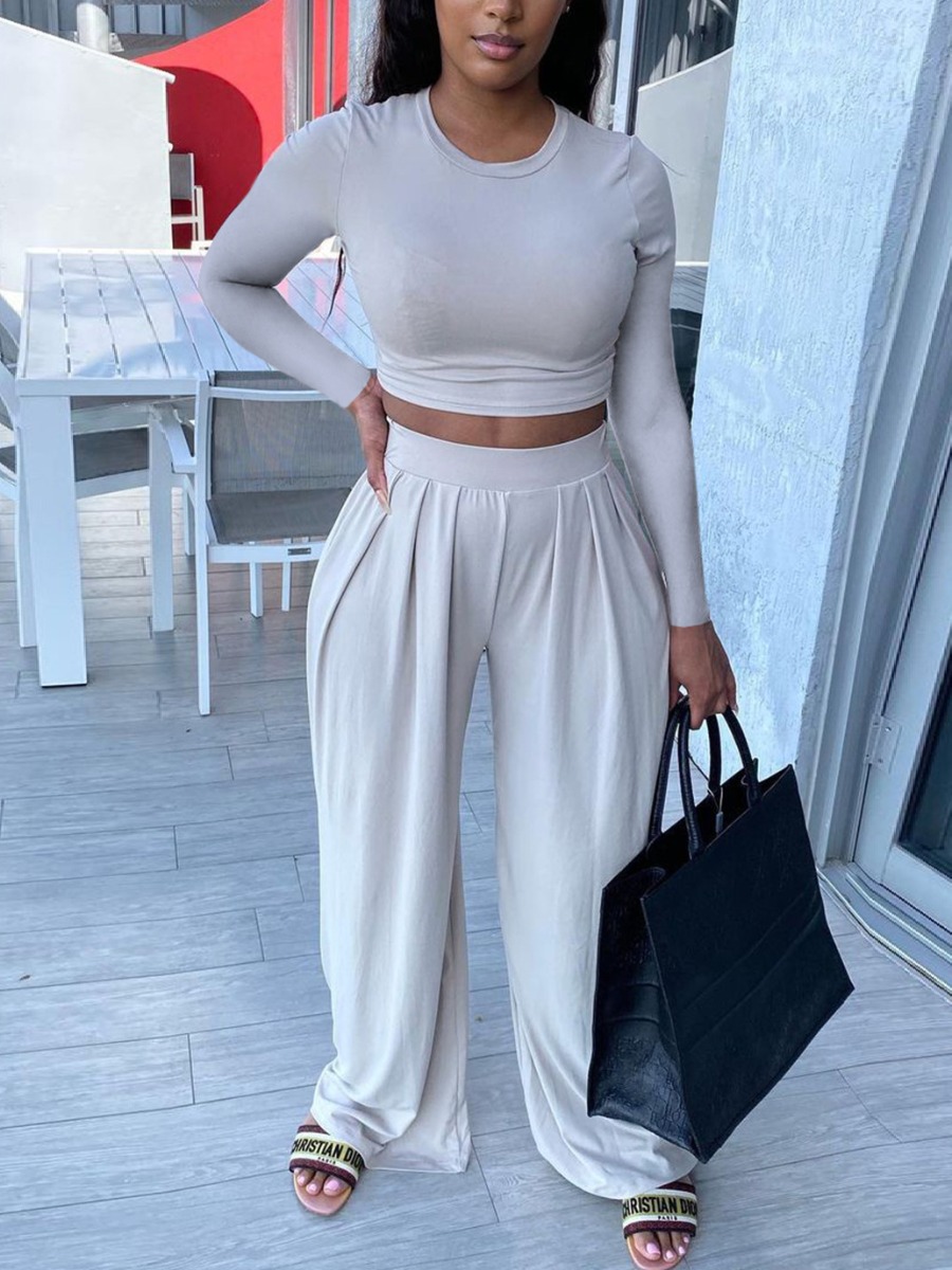 

LW Round Neck Wide Leg Pants Set, Grey