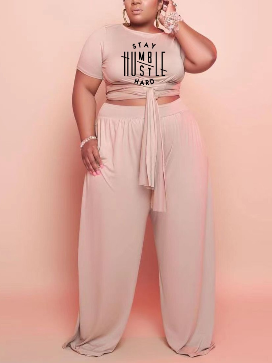 

LW Plus Size Letter Print Wide Leg Pants Set, Apricot