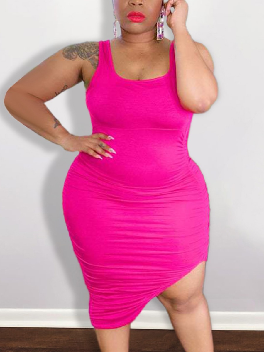 

LW Plus Size U Neck Ruched Bodycon Dress, Rose red