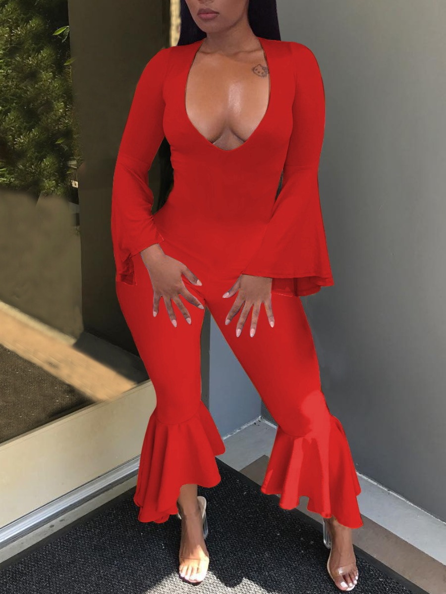 

Lovely Flared Flounce Design Jumpsuit, Red