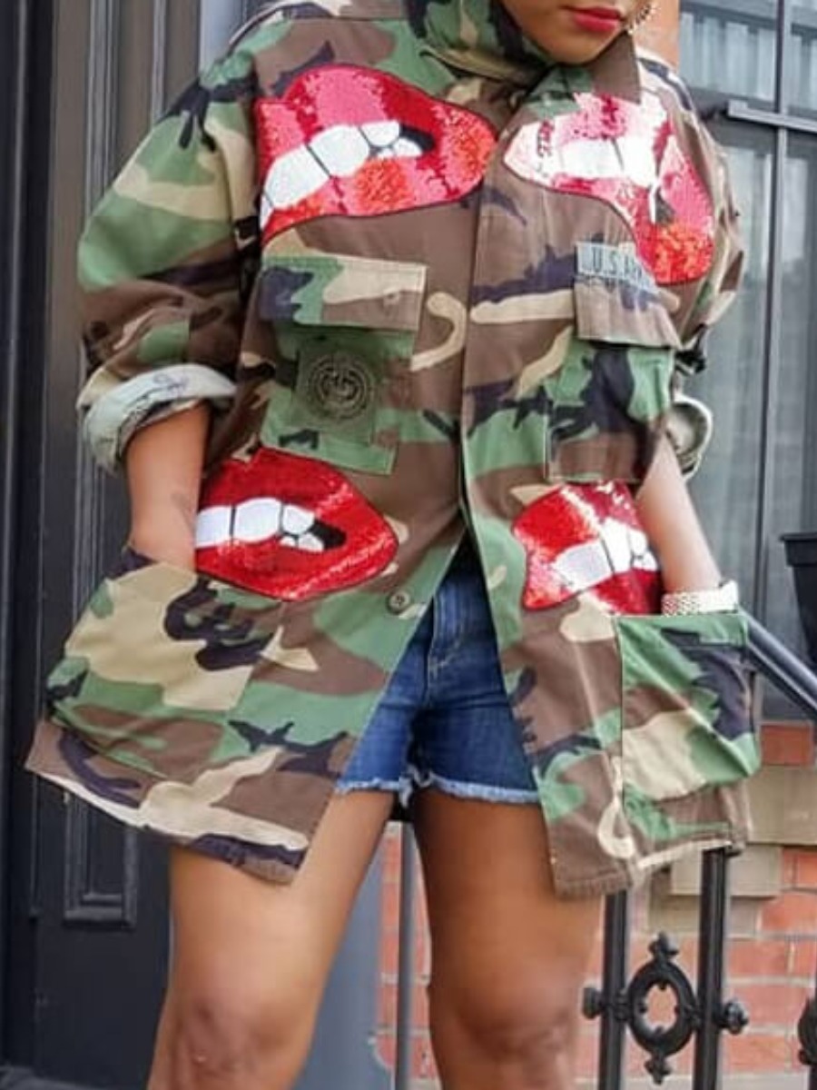 LovelyWholesale Camo Print Lip Decor Coat Fall Long Sleeve Casual Patchwork Turndown Collar Spring Summer 2024