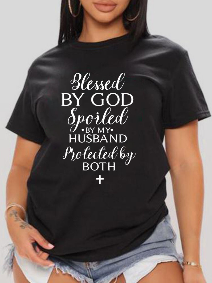 

LW Round Neck Letter Print T-shirt, Black