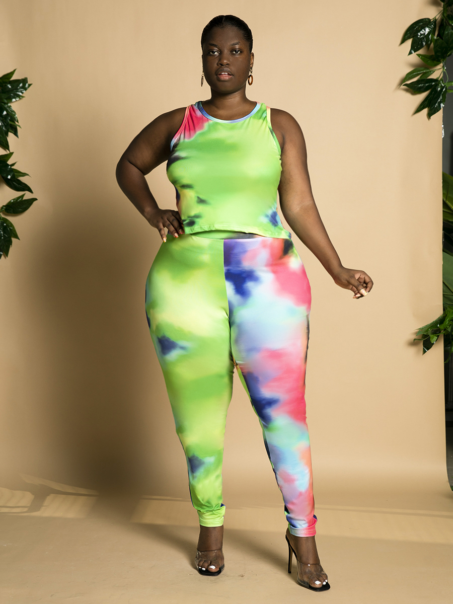 

Lovely Plus Size Round Neck Tie-dye Pants Set, Multi