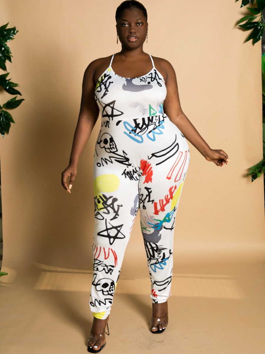 

Lovely Plus Size Backless Graffiti Letter Print Jumpsuit, White