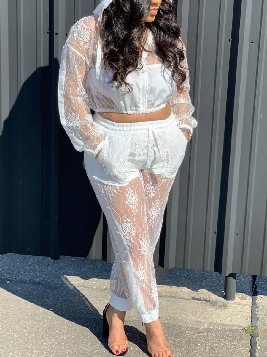 

LW SXY See-through Crop Top Pants Set, White