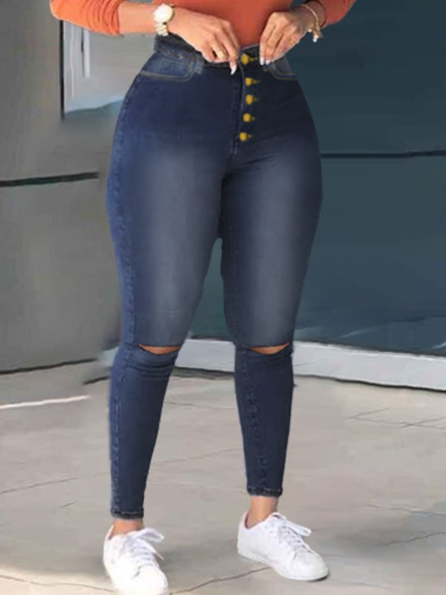 

LW High-waisted Ripped Jeans, Blue