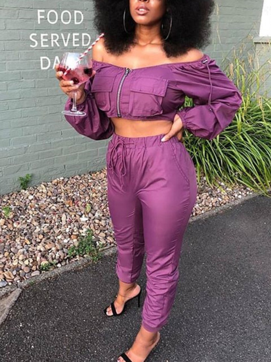 

LW Zipper Design Crop Top Pants Set, Purple