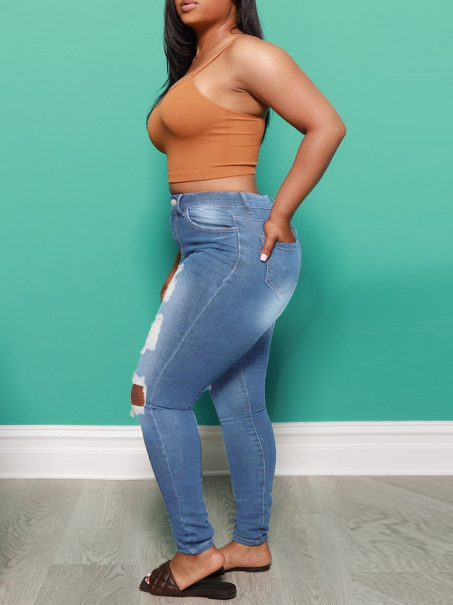 

LW Plus Size Stretchy High-waisted Ripped Jeans, Baby blue