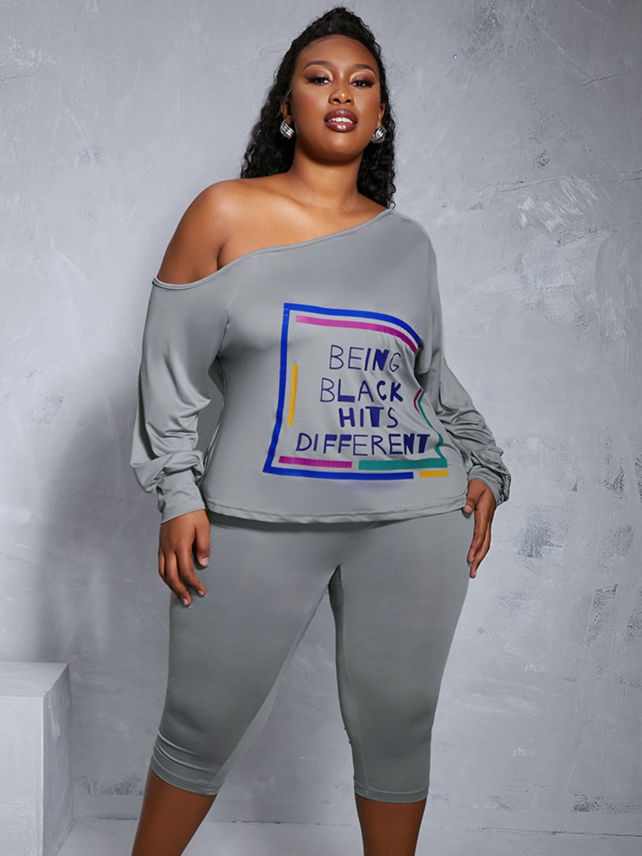 

LW Plus Size Letter Print Oversized Shorts Set, Grey
