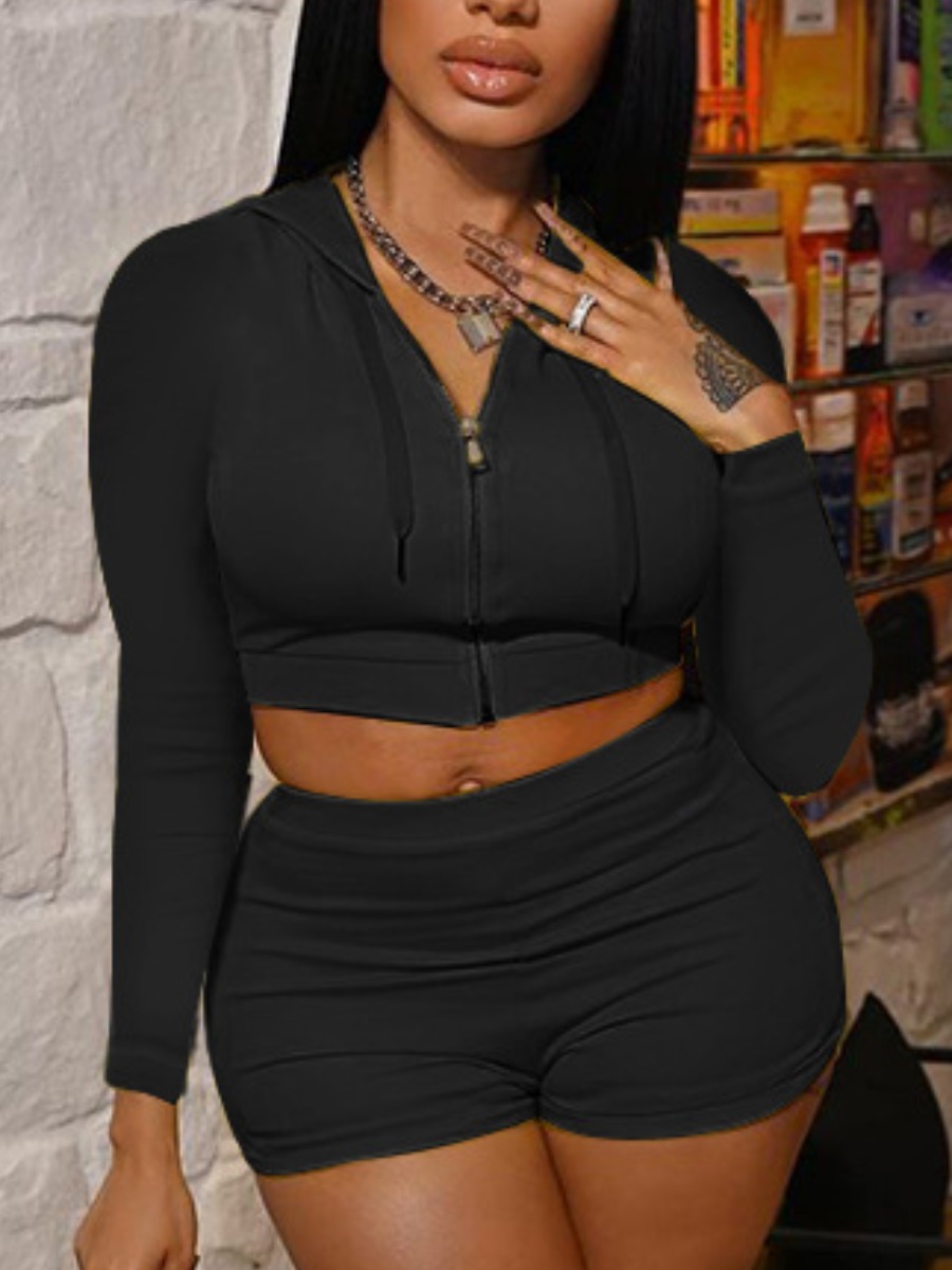

LW Hooded Collar Crop Top Tracksuit Set, Black