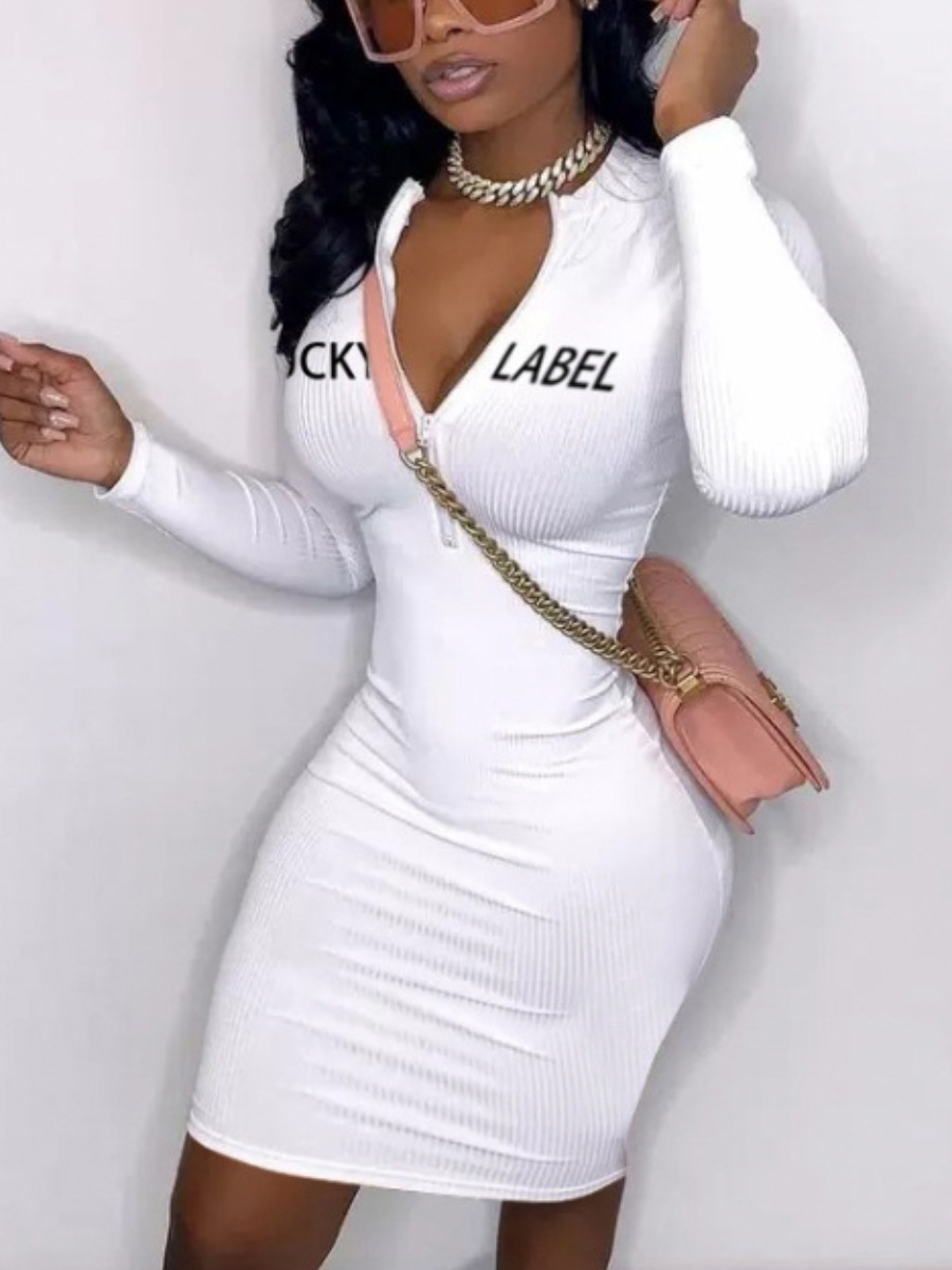 

LW V Neck Letter Zipper Design Bodycon Dress, White