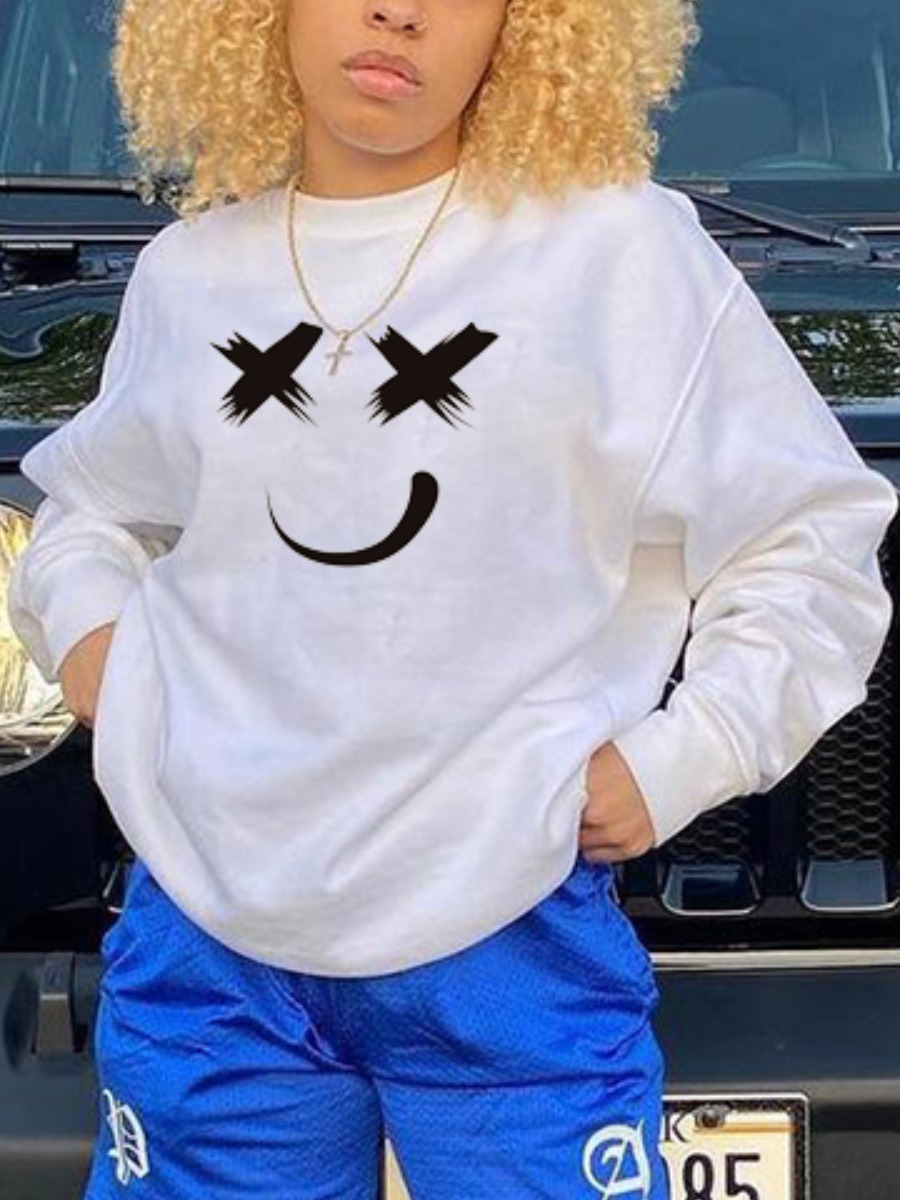 

LW Round Neck Print Oversized Hoodie, White