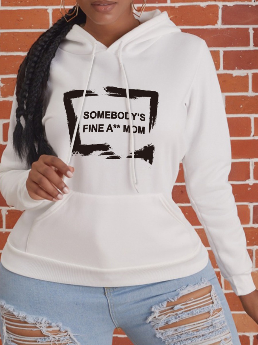 

LW Plus Size Hooded Collar Letter Print Hoodie, Black