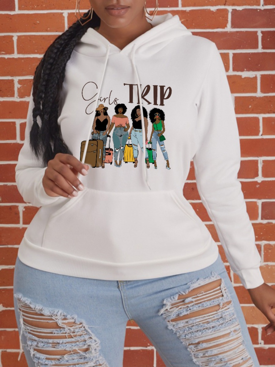 

LW Plus Size Hooded Collar Figure Letter Print Hoodie, White